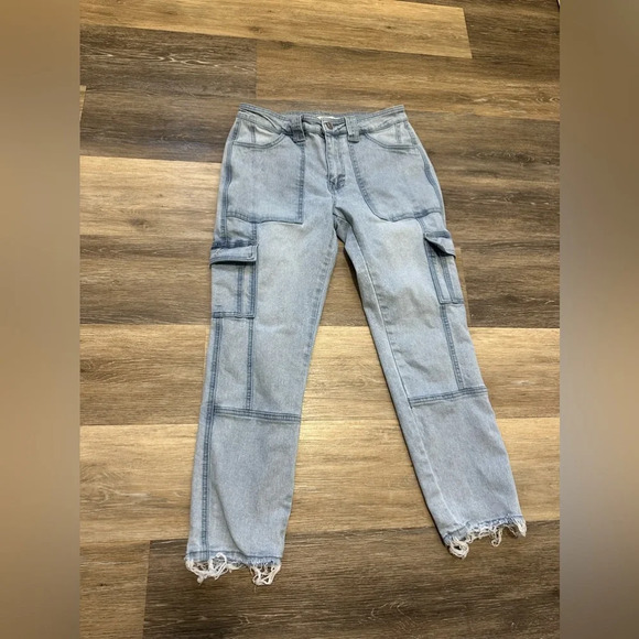 Kancan Jeans Winston High-Rise Cargo Slim Straight Size 7/27 Light Wash Denim - Picture 2 of 13